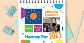 A square, spiral-bound notebook with a colorful cover that reads "Hooray for 2023" Inspiration for the Year Ahead