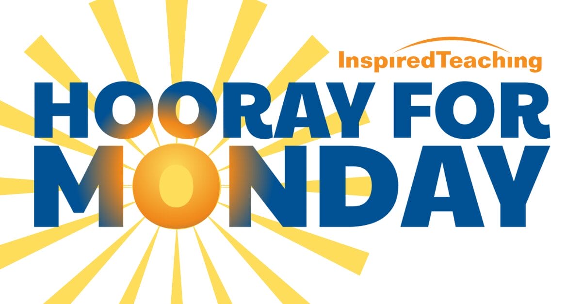 an orange sun on a blue background above text that reads "Hooray For Monday," a weekly resource for parents