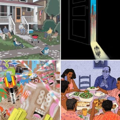 Four colorful images of different perspectives, featuring cartoon drawings. 