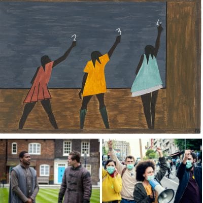 three images (one on top, two below). The top is a drawing of three girls with raised fists. The bottom two are photographs: Left is two men having respectful discourse, right is a group of people protesting with a bullhorn.