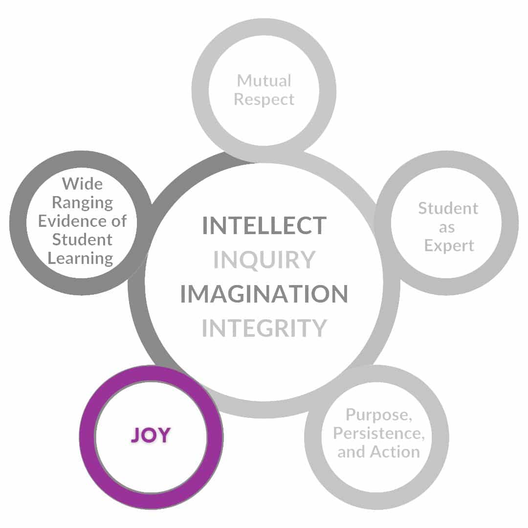 the inspired teaching model -- composed of five circles with the five core elements surround one larger circle with the 4 i's -- is grayed out except for the circle for Joy which is highlighted purple