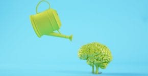 a bright blue background with a bright green watering can tilted toward a bright green brain, symbolizing nurturing intellect