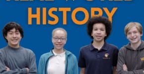 Four Real World History students stand in front of a blue background with orange text behind them that reads "Real World History"