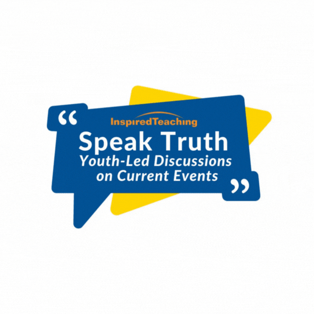 The blue-and-yellow Speak Truth logo, which reads Speak Truth: Youth-Led Discussions on Current Events, is gradually surrounded and covered by colorful speech bubbles that list topics covered in past Speak Truth sessions: school dress codes, gun violence, mental health destigmatization, gentrification, college admissions, social media's influence, criminal justice reform.
