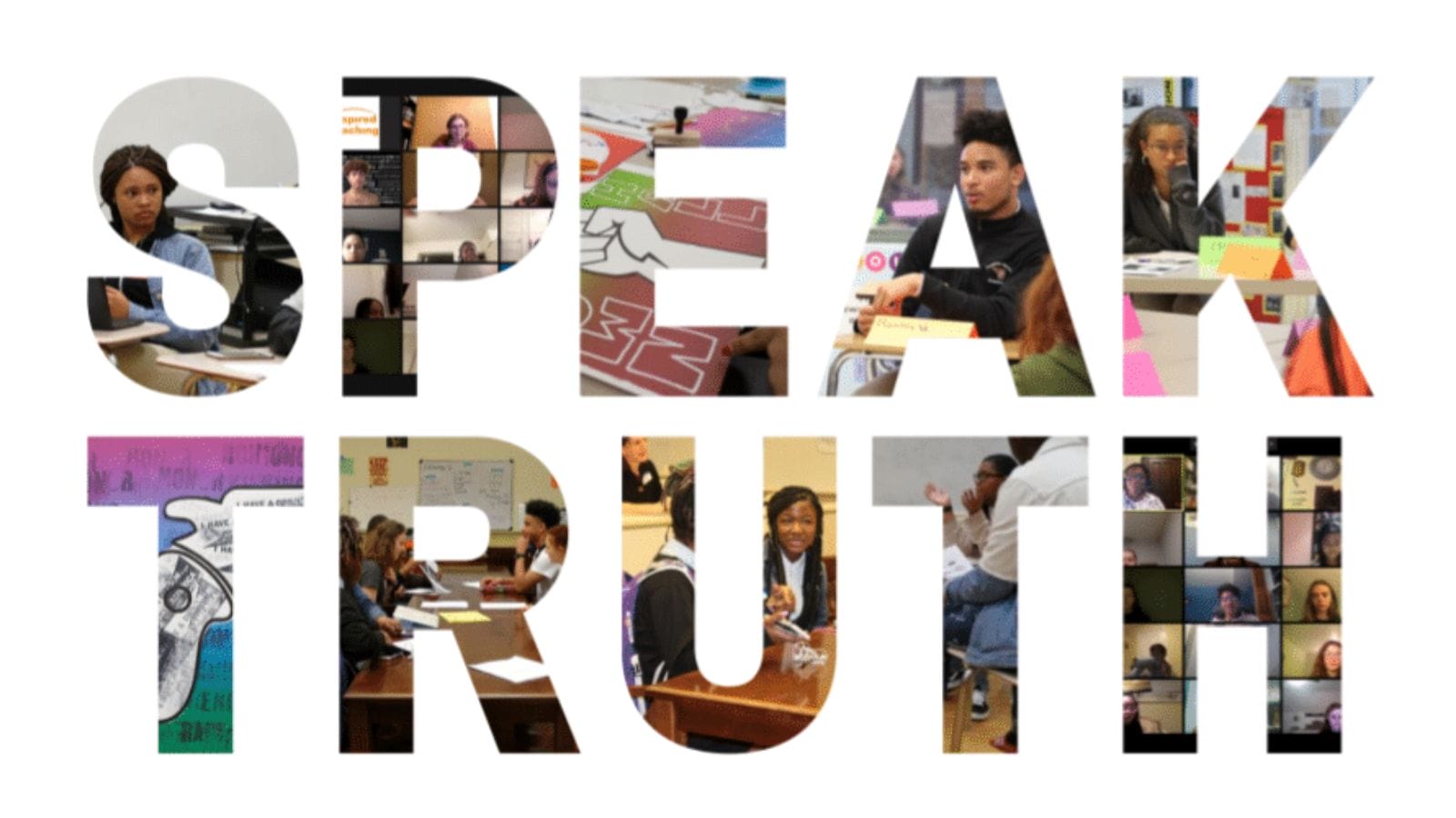 Text that reads "Speak Truth" where each letter is made of a photo collage