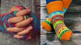 clasped hands wearing colorful gloves next to a pair of feet in colorful socks