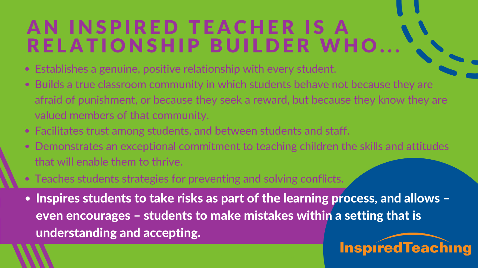 A list outline of Inspired Teacher traits, outlining the capabilities for teaching students respectful discourse